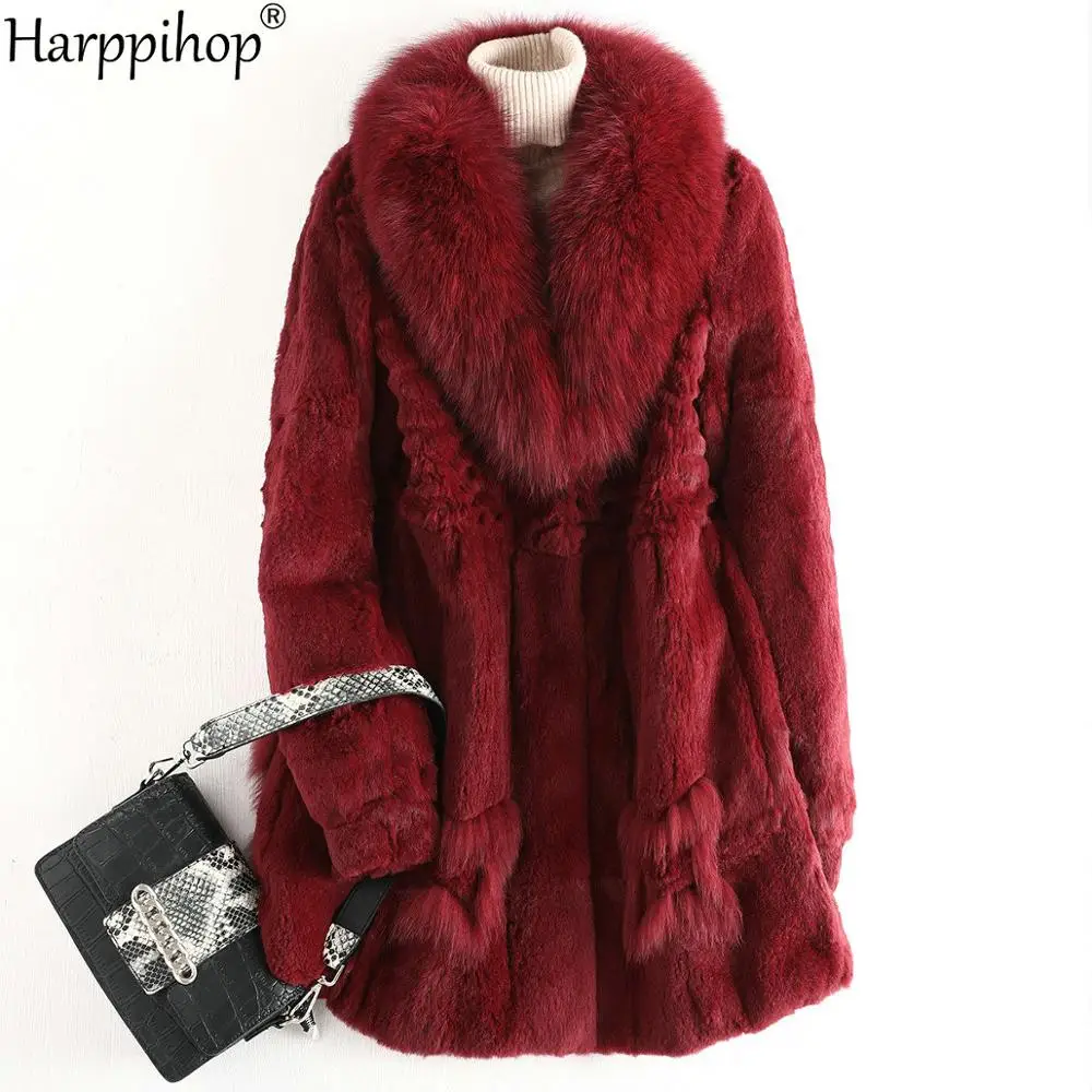 

2020 Real Fur Coat Winter Jacket Women Natural Rex Rabbit Fur Long Overcoat big fox Collar Streetwear Thick Warm Outerwear