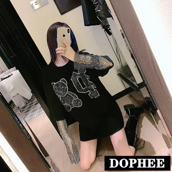 

2020 Spring and Autumn Hot Drill Sleeve Splicing Loose Oversize T-shirt Female Cartoon Letter Rhinestone Long Shirt Dress Tops