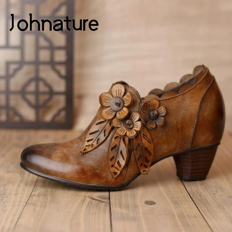 Ladies Shoes Pumps Women Johnature Flower Round-Toe High-Heels Genuine-Leather Zip Retro