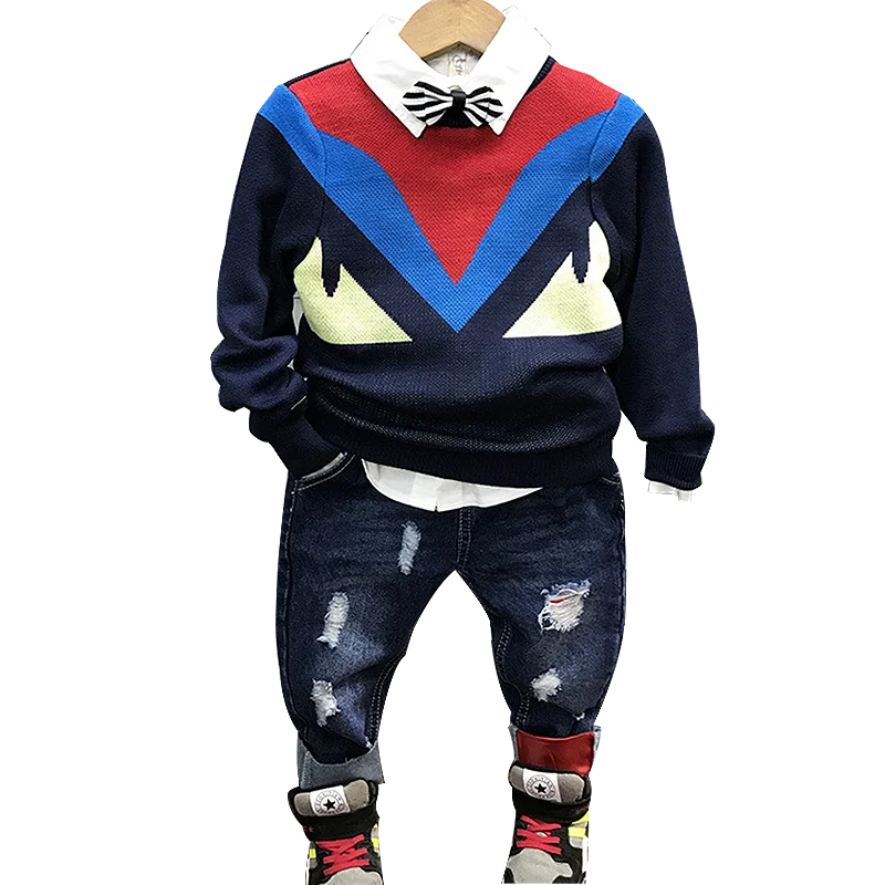 Свитер+ рваные джинсы весна-осень, шикарный жаккардовый комплект из 2 предметов с монстрами для мальчиков, детский спортивный костюм детская одежда Рождественский наряд