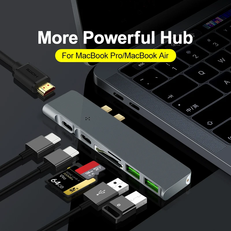 7 в 1 многопортовый USB C концентратор, адаптер type C с HDMI USB C Thunderbolt3 USB3.0 PD SD TF для Macbook, больше устройств с портом type C