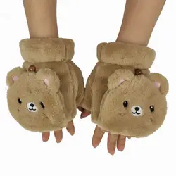 Женские аксессуары, перчатки с сенсорным экраном, кашемировые перчатки с мультяшным медведем, перчатки с откидным верхом, теплые перчатки