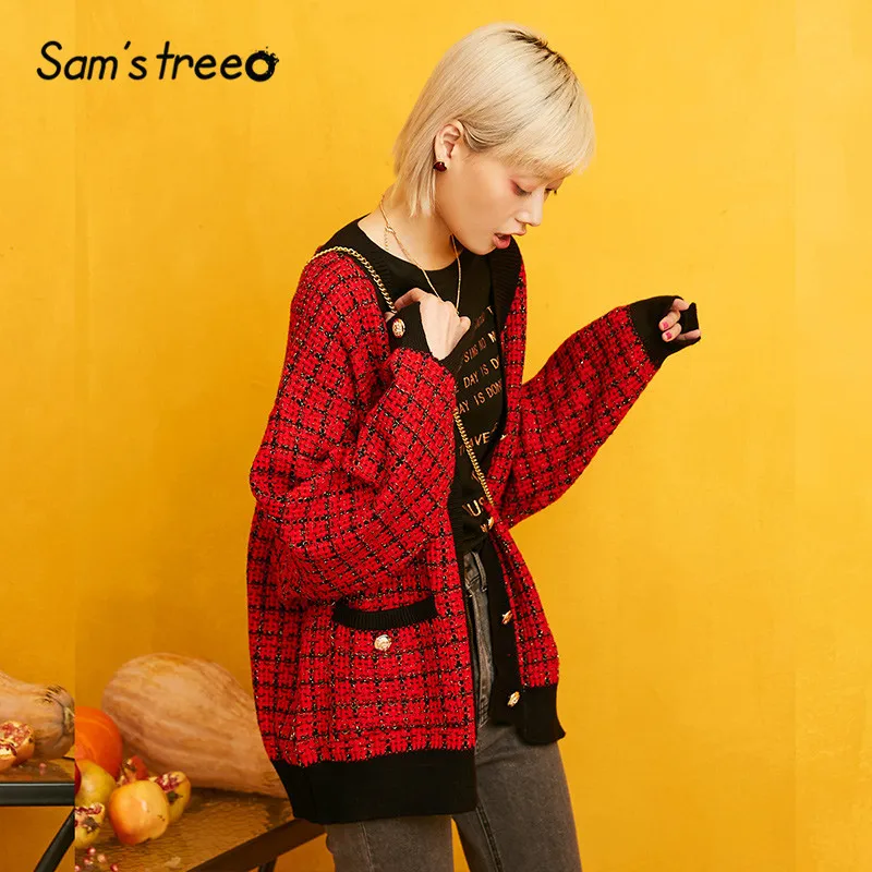 Ceny SAM S drzewo w kratę, z guzikami Brit grafiki rozpinany sweter kobiet 2019 zima opuszczane ramiona z dzianiny z długim rękawem na co dzień biurowa, damska topy