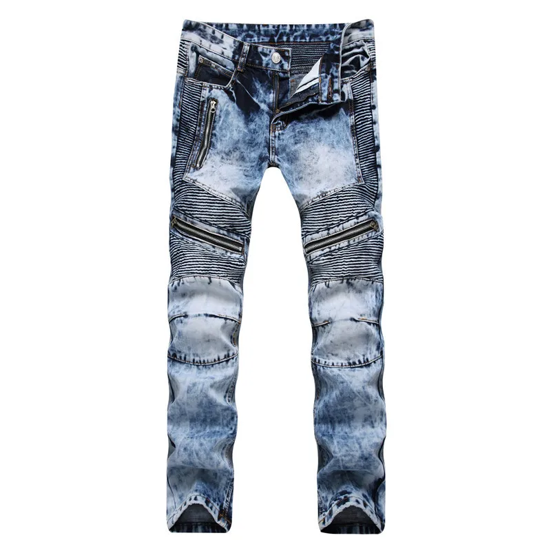 

New men's jeans with holes, folds and zippers