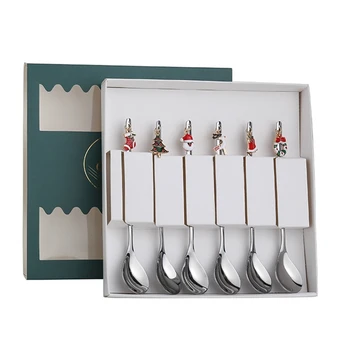 

6Pcs Christmas Spoons with Gift Packing Box Christmas Coffee Spoon Dessert Cake Ice Cream Spoons Kitchen Tableware