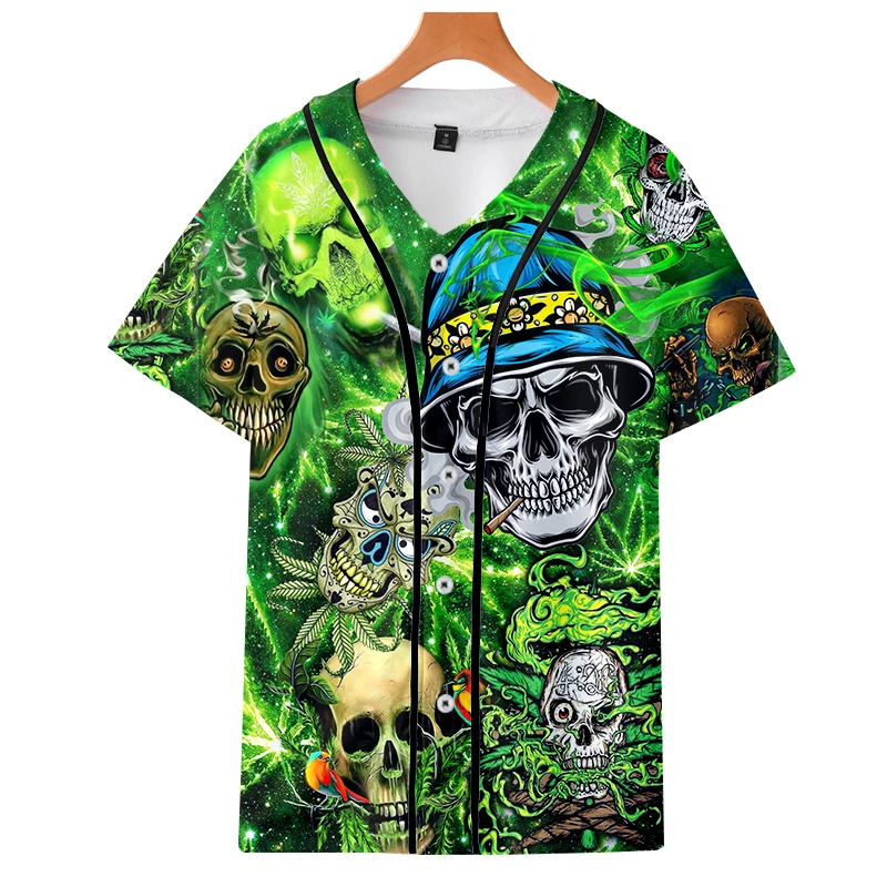 

2021 Trend NEW Green Leaf Skull Short Sleeve Baseball Uniform Men/women Harajuku Casual Jacket Clothes Can Be Customized