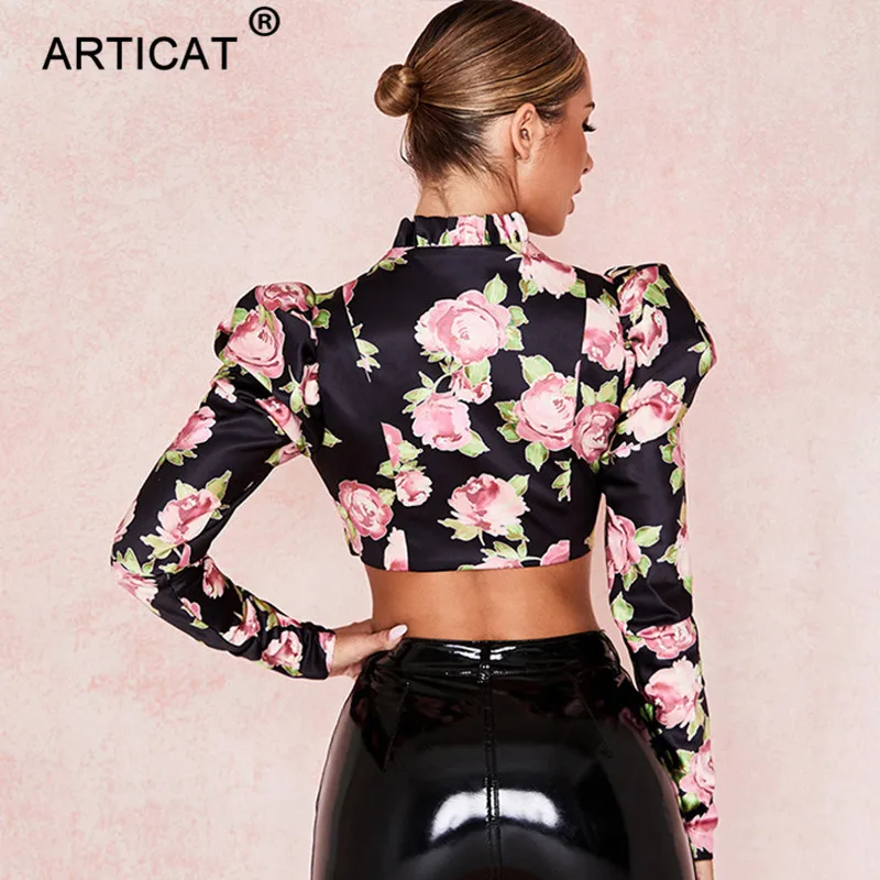 Articat, Модный цветочный принт, сексуальный короткий топ для женщин, v-образный вырез, длинный Пышный рукав, оборки, короткий топ, осень, вечерние, укороченные топы