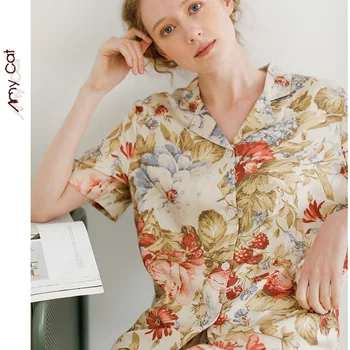 

2020 High-End Satin Short-Sleeve Trousers Women Pajama Set Summer Lapel Multicolor Europe Printing Sleepwear Home 2 Piece Pijama