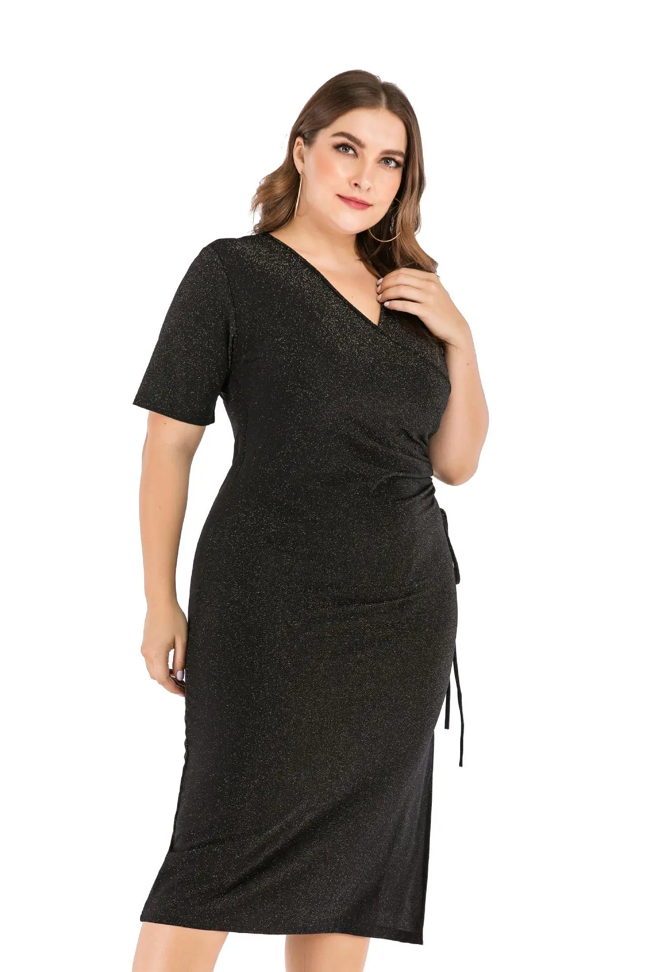 4XL 5XL женское весеннее блестящее платье большого размера элегантное офисное платье с v-образным вырезом и длинными Рюшами Плюс Размер облегающее женское Красное Ночное платье
