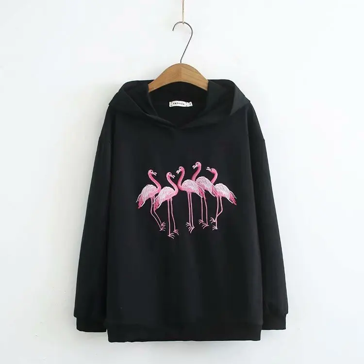 Plus Size Casual Sweatshirts Autumn Women Fashion Loose Long Sleeve Cranes embroidered Hooded Hoodies S48-2085 - Цвет: Черный