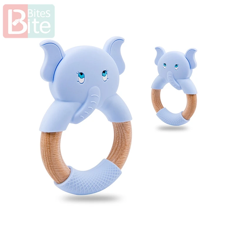 blue Укусы 1 шт. детский деревянный Прорезыватель бук слон кольцо Пищевая силиконовая Прорезыватель грызунов детские товары браслеты для кормления - Цвет: blue