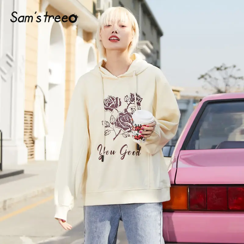  SAM'S TREE White Floral Print Hoodies Sweatshirts Women 2020 Winter New Letter Drawstring Loose Lon