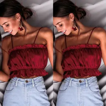 

Summer Fashion Women Ruffles Tanks Crop Top Lady Strappy Vest Sleeveless Tank Crop Tops Shirt Blouse Wrap Chest Party Clubwear