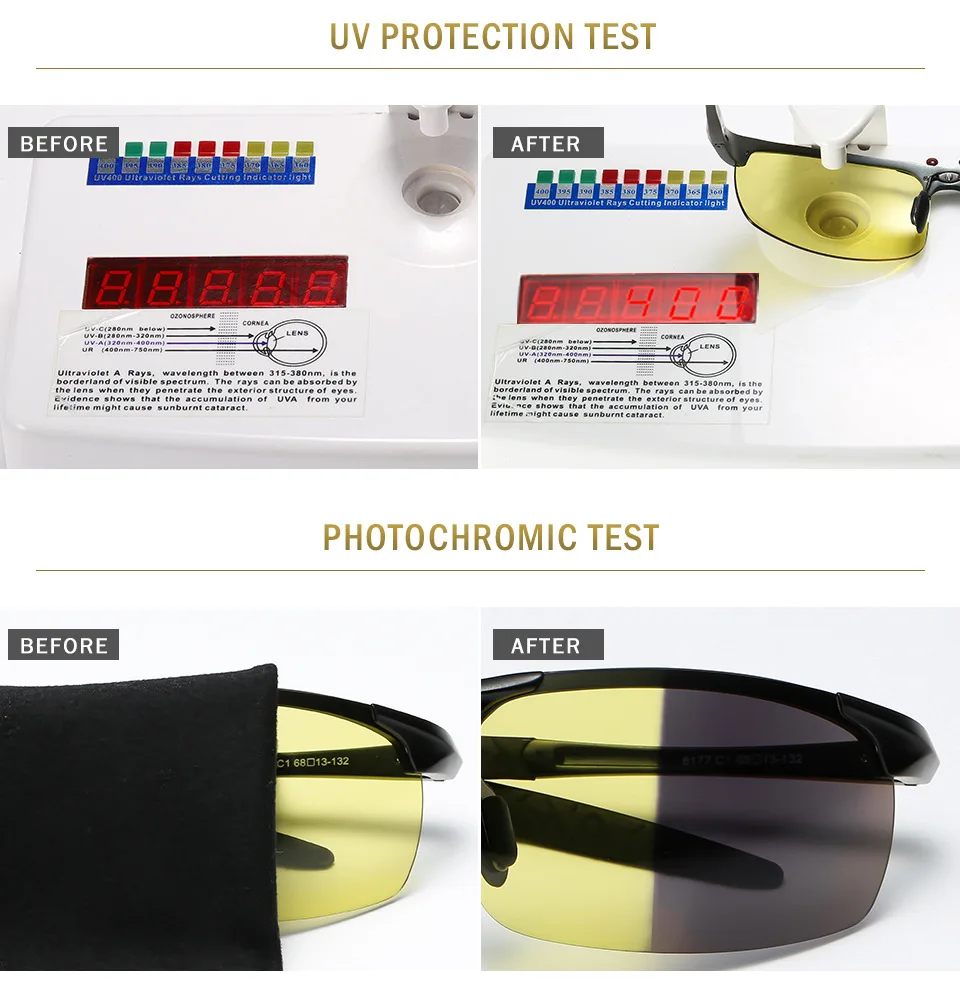 Mens Photochromic Polarized Glasses for Driving Anti Glares Day Night Vision Goggles Yellow To Gray Aluminum Sports Eyewear 5933