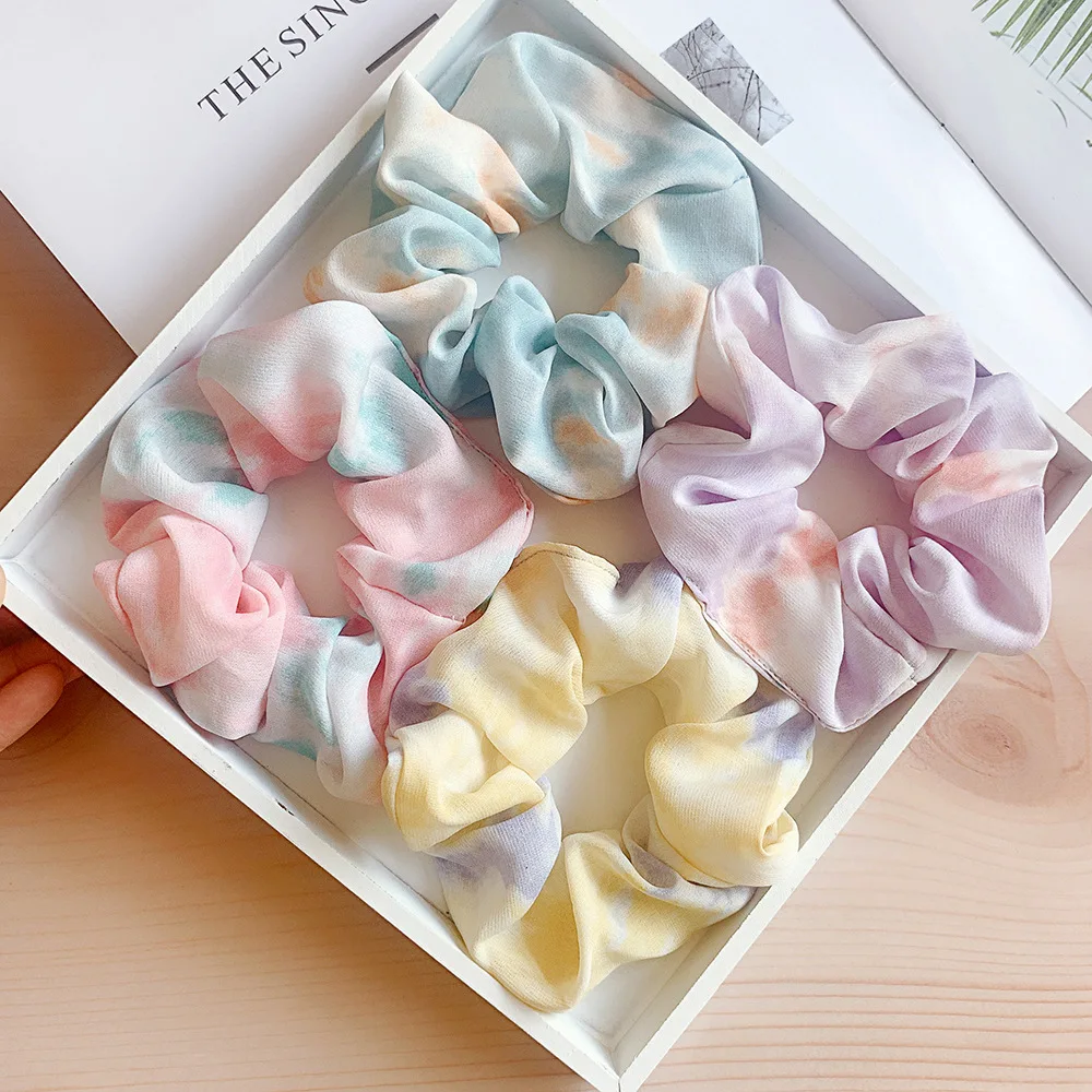 Helle Farbe Seide Scrunchie Set Frauen Elastische Haar Bands Tie dye Scrunchy Haar Bindet Seil 4 stücke Lot Chouchou Vintage zubehör – Detail 3