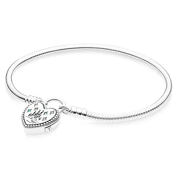 

Genuine 925 Sterling Silver Bracelet World Park Castlel Love Heart Clasp Snake Bangle Fit Women Bead Charm Fashion Jewelry