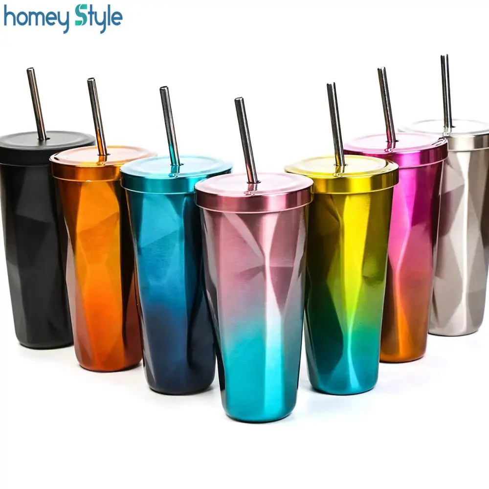 Comprar Acero inoxidable tazas de café vaso doble pared degradado termo taza con paja agua potable frascos térmicos para viajes 500ml