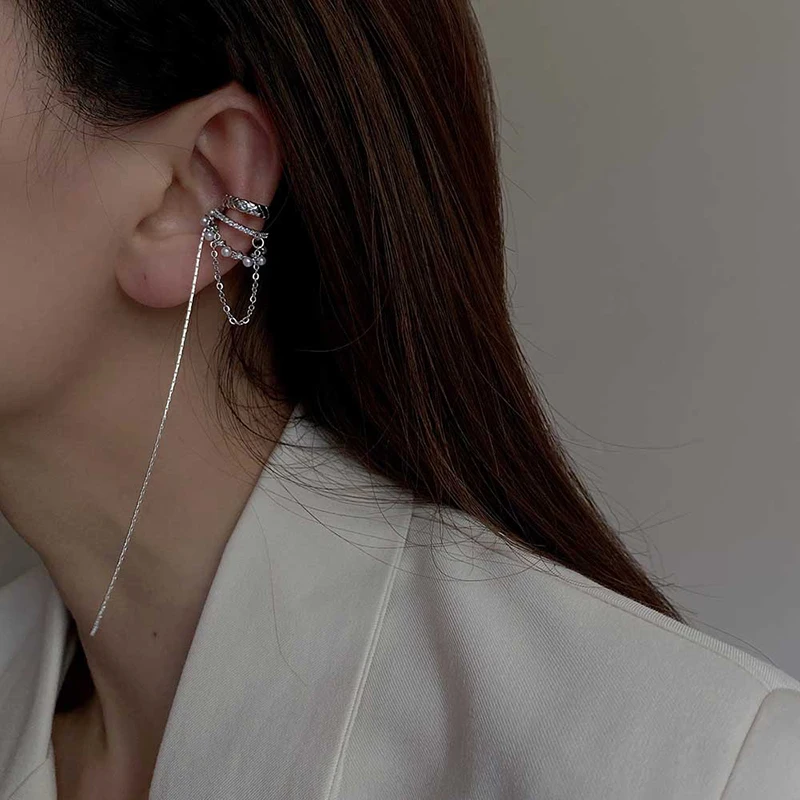 Multi-Layer Clip Earrings For Women Geometric Zircon Pearl Ear Bone No Pierced Long Chain Tassel