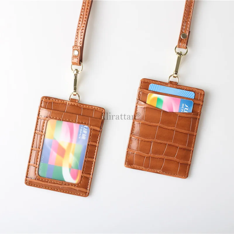Alirattan Crocodile Leather Lanyard ID Card Holder High Quality Ostrich Snake Work Card Holder Printed Letters - Цвет: Crocodile Brown