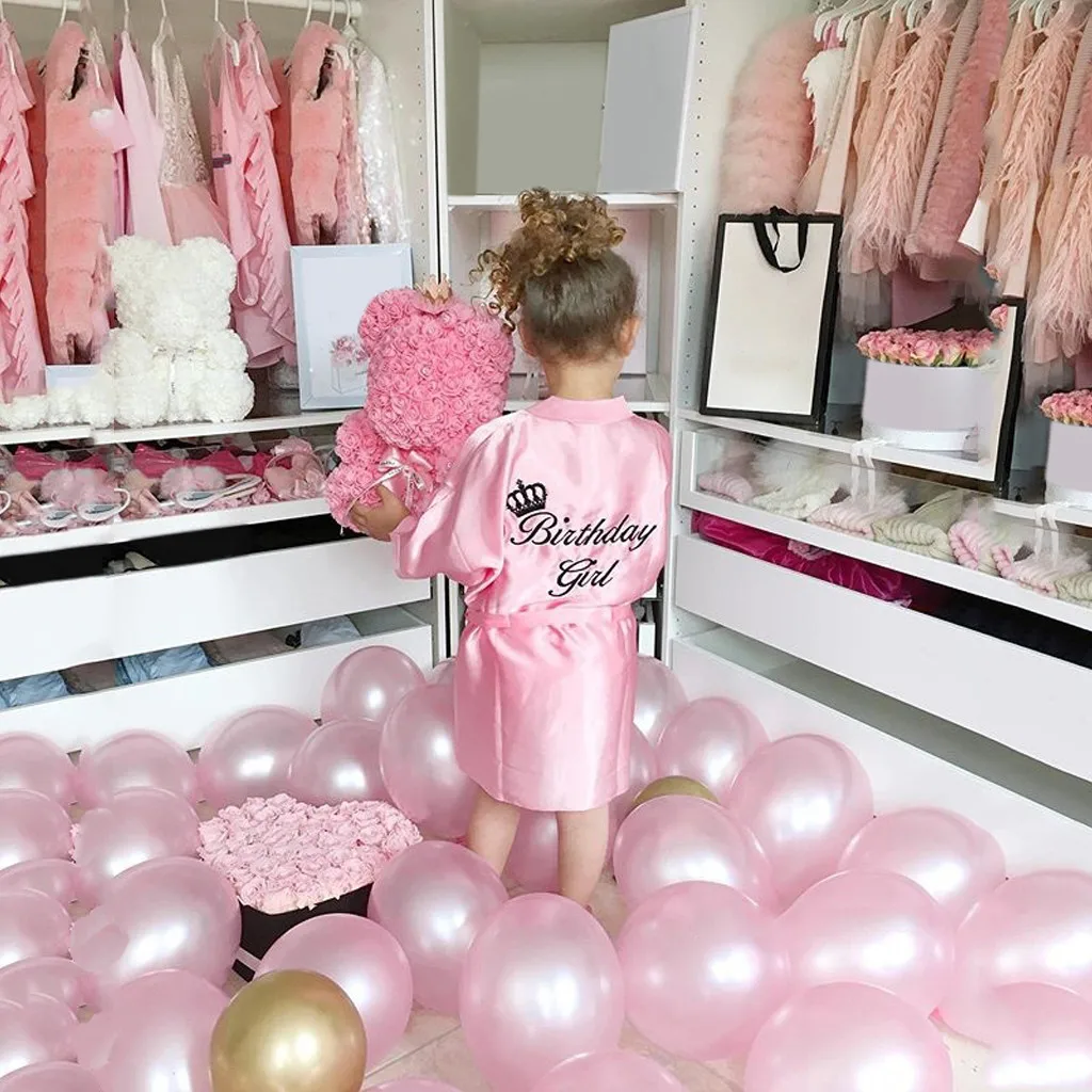 Children's Girl Pink Robe Solid Silk Satin Kimono Bathrobe Birthday Pyjamas Nightgown Kids Sleepwear Boy Girls Robes 1-5 Years