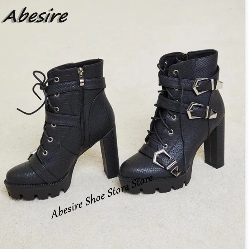 

Abesire Black Lace Up Buckle Ankle Boots Cross Tied Black Leather Solid Round Toe Women Boots High Heel New Autumn Winter Shoes
