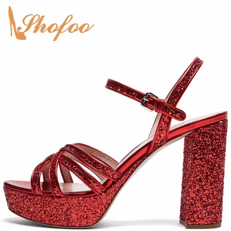 Silver Glitter Ankle Wrap Platform Sandals Woman High Chunky Heels Buckle Strap Female Ladies Party Shoes Big Size 11 16 Fashion - Цвет: SO01