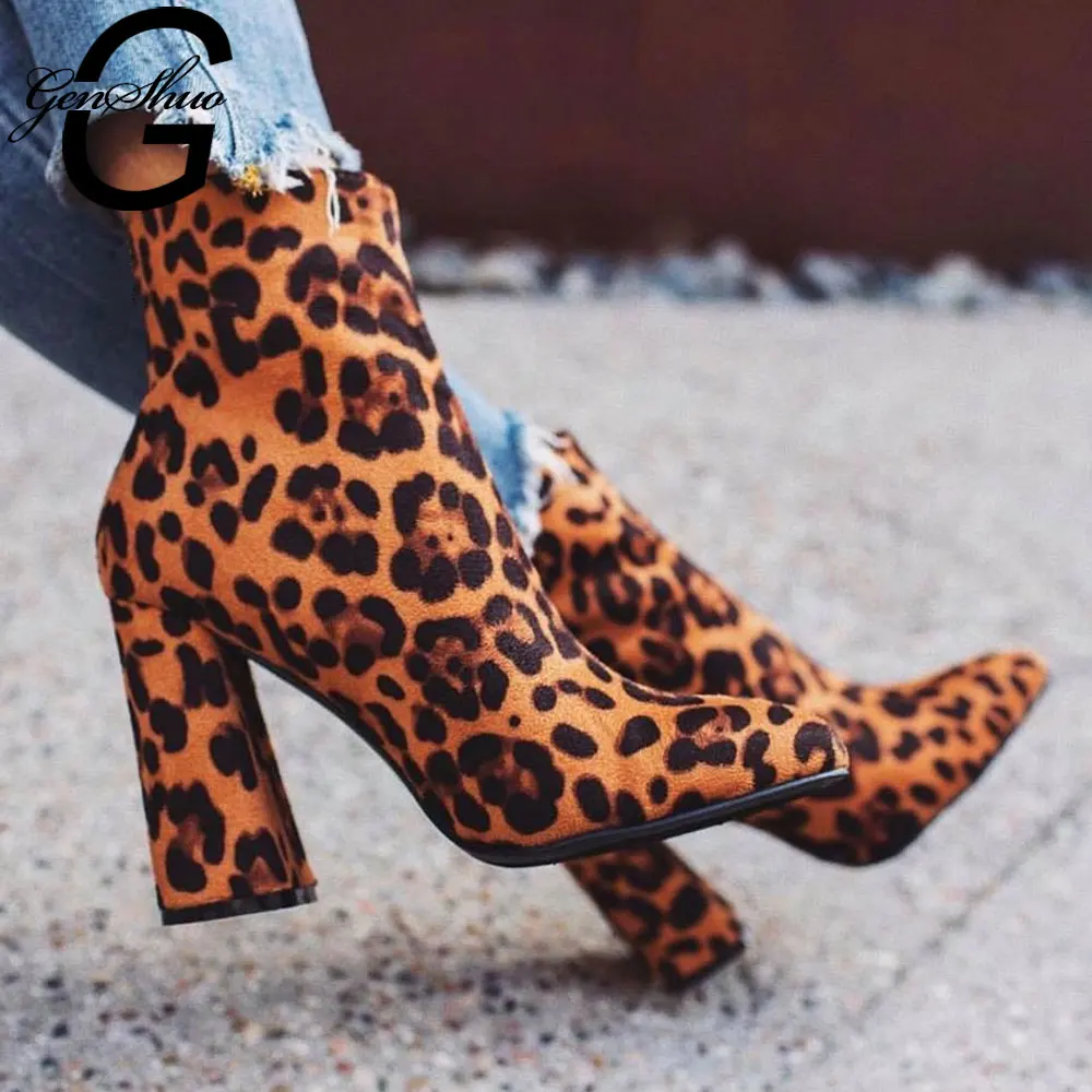 

GENSHUO Women Ankle Boots Zip Pointed Toe Footwear Thick High Heels Female Boot Shoes Women 2020 Sexy Leopard Print Bootie Shoes