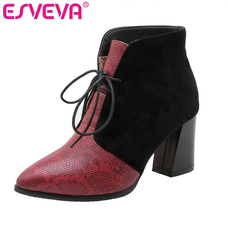 

ESVEVA 2020 Autumn Women Shoes Winter Ankle Boots Square High Heel PU leather/Flock Brown Motorcycle Platform Boots Size 34-43