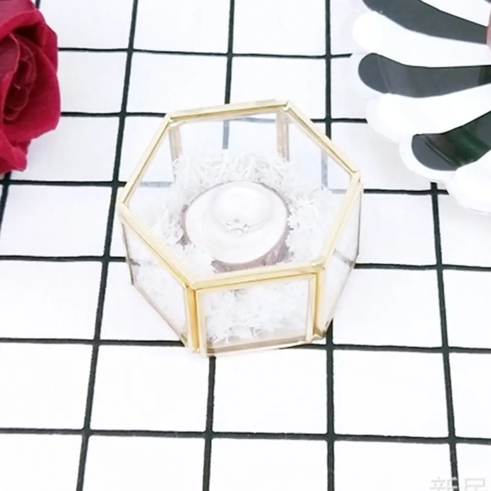 Six-Sided Transparent Jewelry Copper Strip Golden Glass Flower Room Eternal Flower Box Marriage Ring Necklace Gift Box