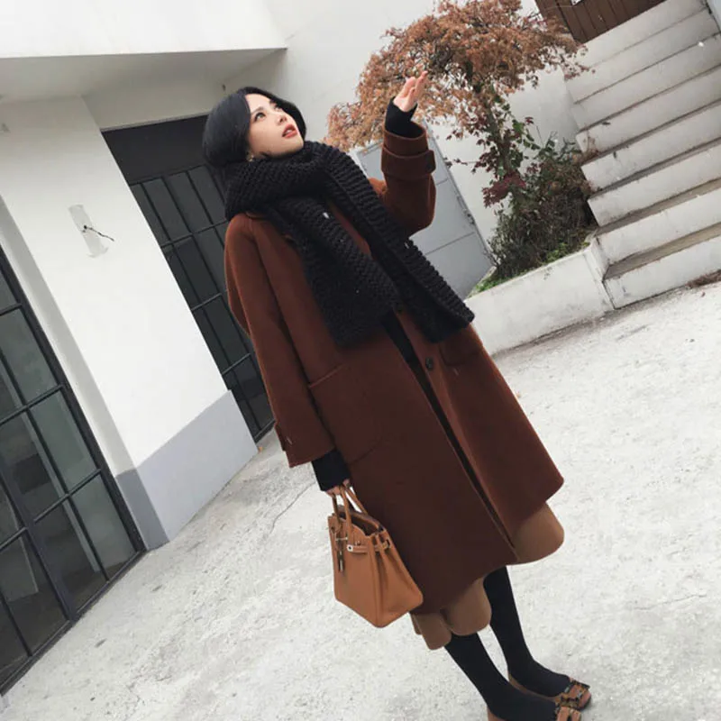 caramel colour Элегантный большой размер, однотонное длинное женское пальто выше колена с отворотами и карманами, свободные утепленные куртки, шерстяные пальто, женская верхняя одежда - Цвет: caramel colour