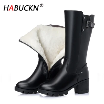 

HABUCKN Snow Boots Genuine Leather Wool Women Ladies Fashion Zipper Warm Warm Shoes Plush Platform for Woman Winter High Boots