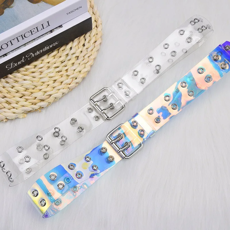 

Two Row PVC Clear Belt For Women Fashion Pin Buckle Female White Waist Trousers Transparent Belts Ladies Jeans Grommet Belt