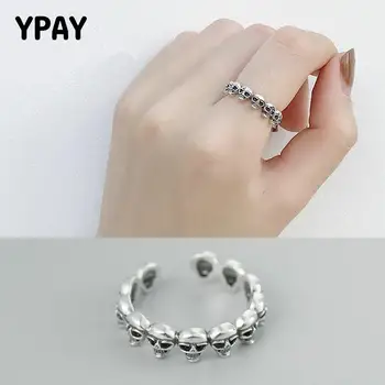 

YPAY Gothic Skull Thin Band Open Ring Women Men Solid Sterling Silver 925 Finger Rings Bague Fine Jewelry Drop Shipping YMR097