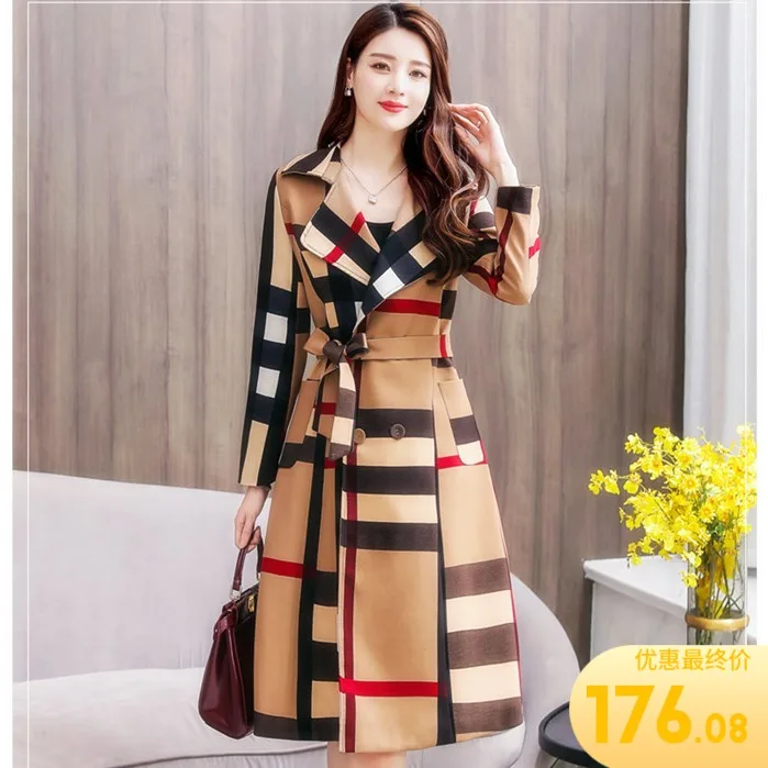 

Chequered Popular Women's Mid-long Classic Spring and Autumn Windswear Coat with Slender Belt