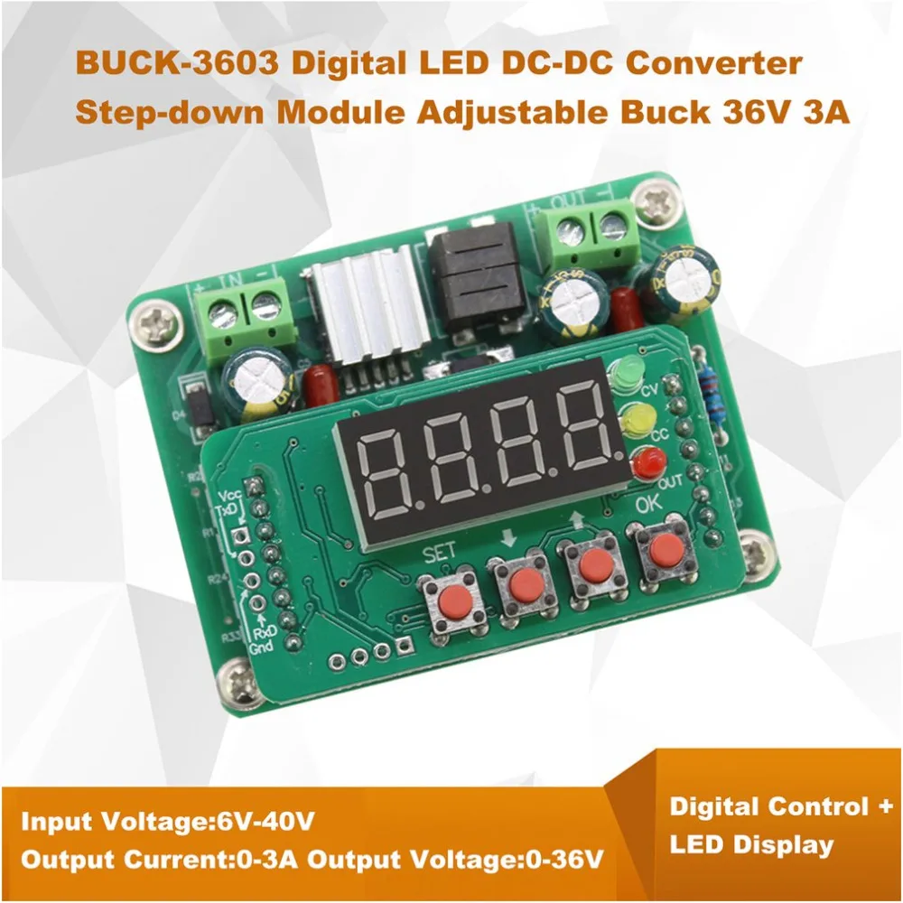 Buck-3603 цифровой дисплей Повышающий Модуль питания постоянного тока Регулируемый понижающий модуль Напряжение Амперметр 0-36 в 0-3A зарядное устройство