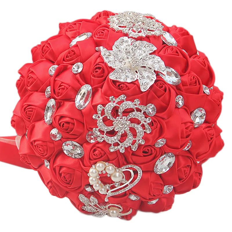 White/Red/Blue Rose Artificial Flowers Bouquet With Diamond Pearl Wedding Decoration Romantic Bride Holding Flower Bouquet Gif - Цвет: Red
