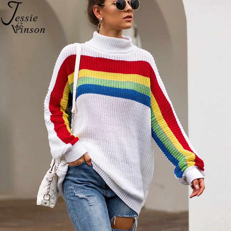 

Jessie Vinson Oversize Turtleneck Rainbow Stripes White Pullover Sweater Women Casual Loose Knitted Jumper Sweater Autumn Winter