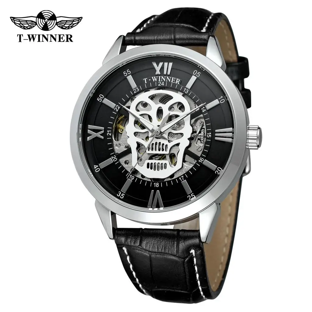 

Silver Skull Design Imitation Leather Belt Open Work Steampunk Mens Watch