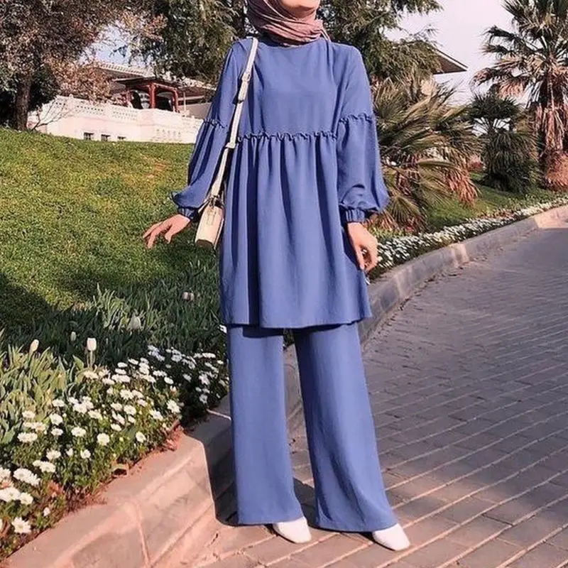 Muslim Ladies 2 Piece Suit Outfits Set Lantern Sleeve Frill Pullover Tops Loose Pants Solid Color Arabic Turkey Islamic Casual K