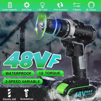 

48V Cordless Electric Screwdriver With 2 Battery Screwdriver Rechargeable Drill Power Tools Electric 18+1 Torque Electric Drill