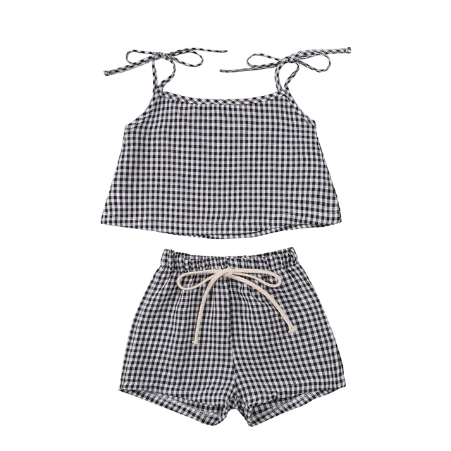 Baby Girls Summer Outfits, Sleeveless Bow Tie Strap Plaid Print Camisole + Shorts Set