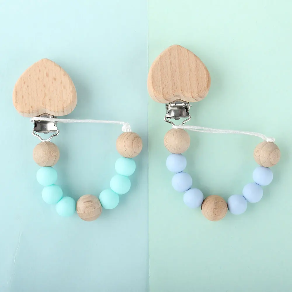 ซิลิโคนไม้คลิป Pacifier ปลอดภัย Teething Chain BPA ฟรีซิลิโคนลูกปัดไม้