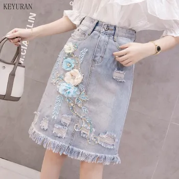 

High Waist Denim Skirt Women Pearl 3D Flower Embroidery Sequins Skirt Summer 2020 Hole Ripped Tassels Jeans Skirts Jupe Femme