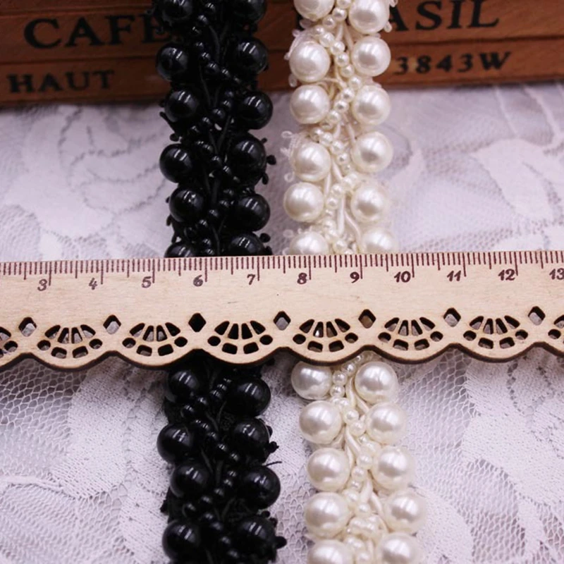 White Black Pearl Beaded Lace Fabric Embroidered Lace Ribbon Trim Beaded Fringe Sewing Material Clothing Accessories 1yards/Lot