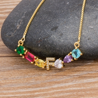 New Design Luxury Initial Alphabet A-Z Letters Charm Rainbow Pendant Necklace Copper Zirconia Choker Family Jewelry Gift