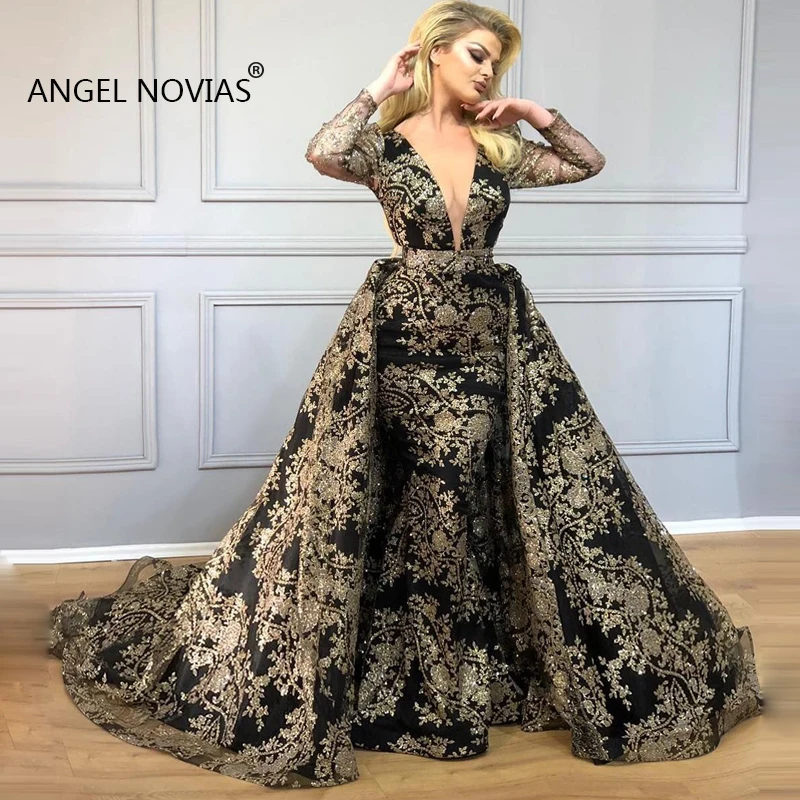 Lange Mouwen Zwart en Goud Glitters Mermaid Avondjurken 2019 met Afneembare Rok Dubai Marokkaanse Sexy Formele Prom Jassen Lange Mouwen Zwart en Goud Glitters Mermaid Avondjurken 2019 met Afneembare Rok Dubai Marokkaanse Sexy Formele Prom Jassen
