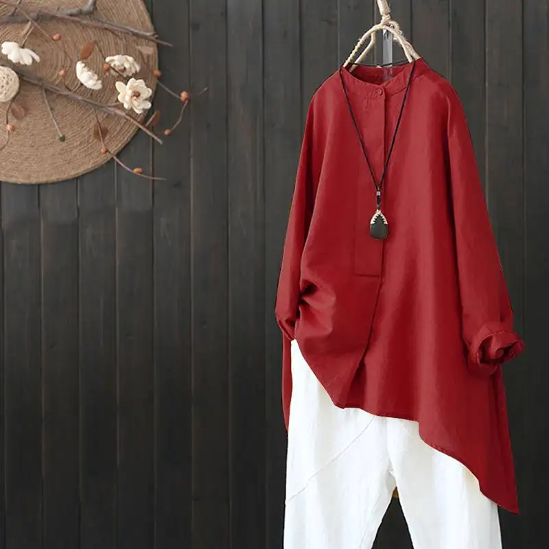 Весенние женские одноцветные Топы с длинным рукавом, повседневные рубашки с асимметричным подолом, свободные хлопковые льняные блузки, женские винтажные блузки размера плюс 5XL - Цвет: Красный