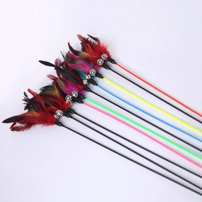 1PCS Cat Toys Cat Stick Feather With Small Bell Natural Like Birds Random Color Black Coloured Pole