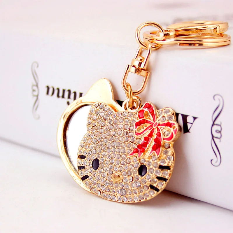 

Creative Cute Diamond Set Cartoon Small Cat Head Makeup Mirror Keychain WOMEN'S Bag Accessories Metal Pendant Key Chain