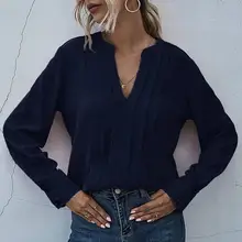 

2021 Solid Womens Pleated Shirt Long Sleeve V-neck Loose Shirt for Office Lady Workwear Spring Summer Long Sleeve Chiffon Blouse